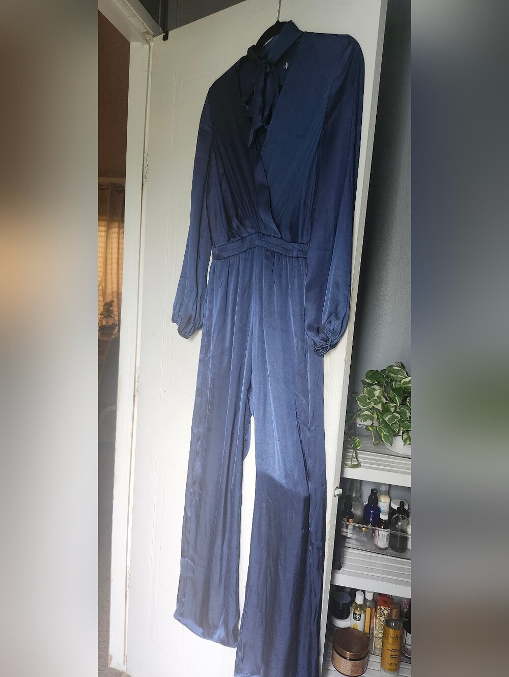 Mango Navy Blue Satin Tie-Neck Long-Sleeve Jumpsuit